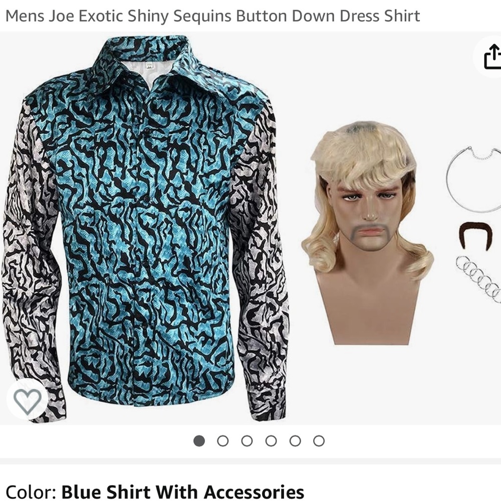 Men’s Joe Exotic shiny shirt, wig, ear clips, necklace, mustache